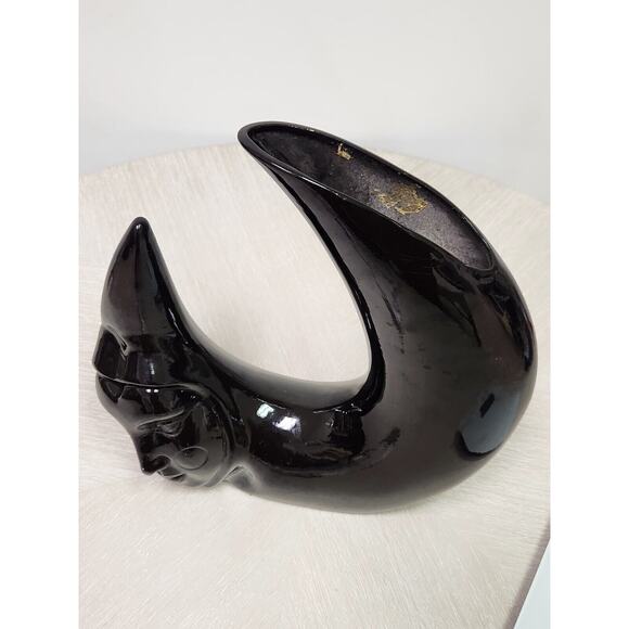 Vintage 80s Black Vase Black Ceramic Crescent Moon Shaped Vessel Pierrot Face - Picture 3 of 11